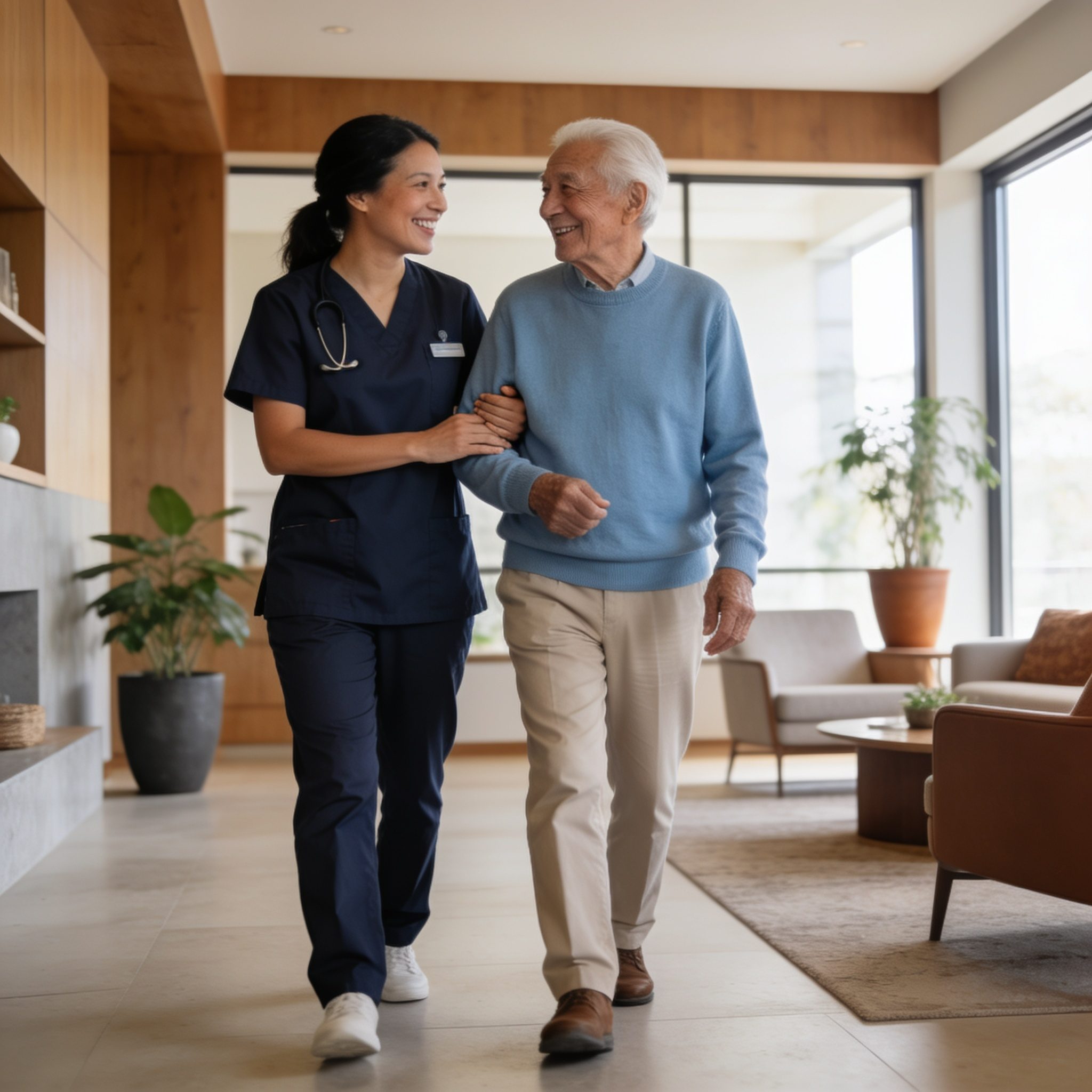 A nurse walks arm in arm with a smiling older man through a bright lounge