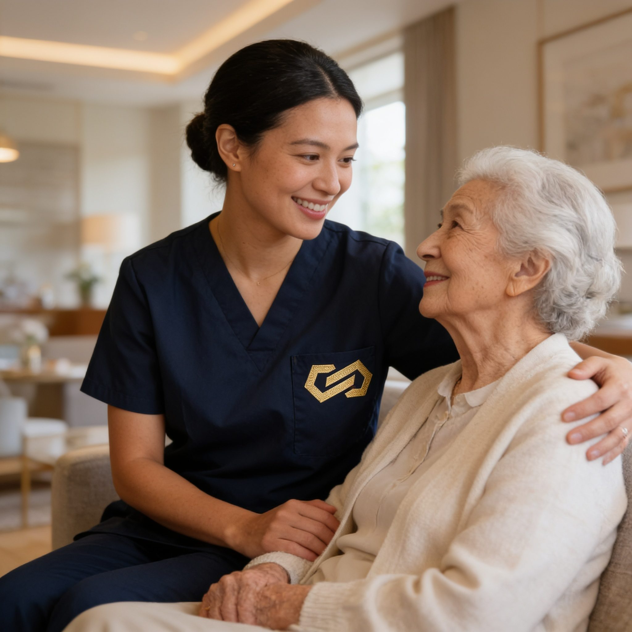 A nurse sitting with her arm around a smiling older woman