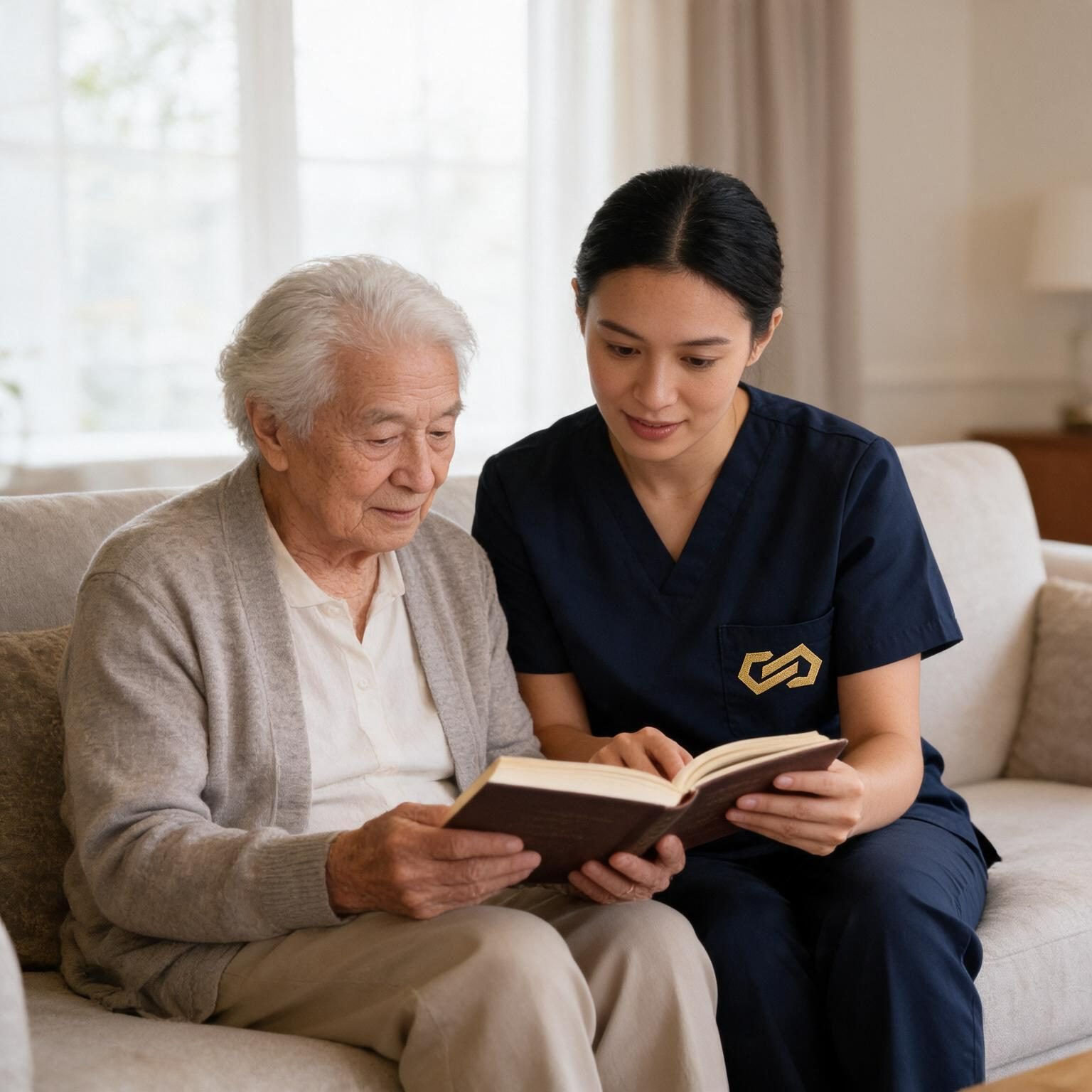 A nurse reads a book with an older man on a sofa beside a sunlit window