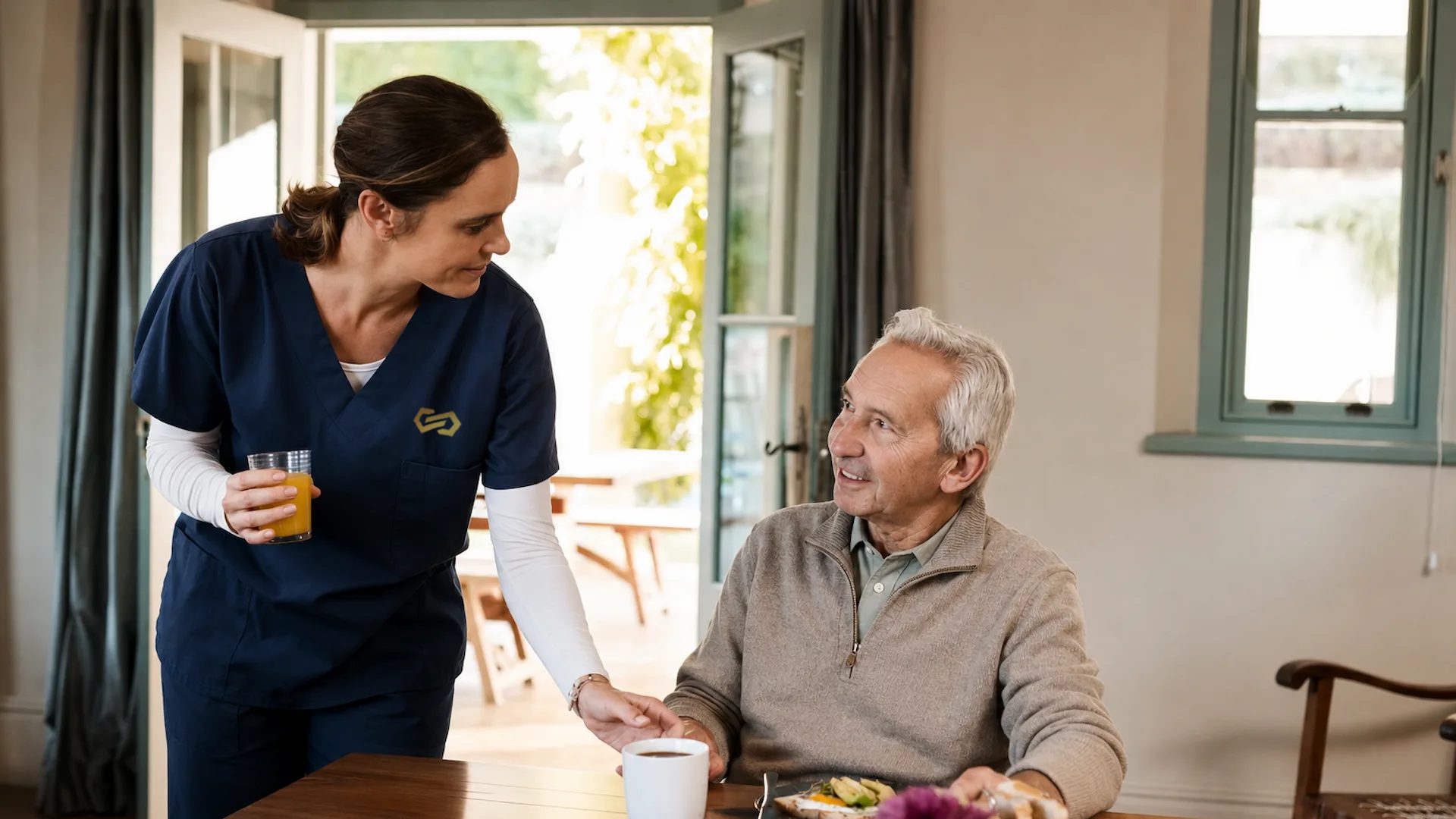 A nurse bringing a drink to a resident beside open garden doors