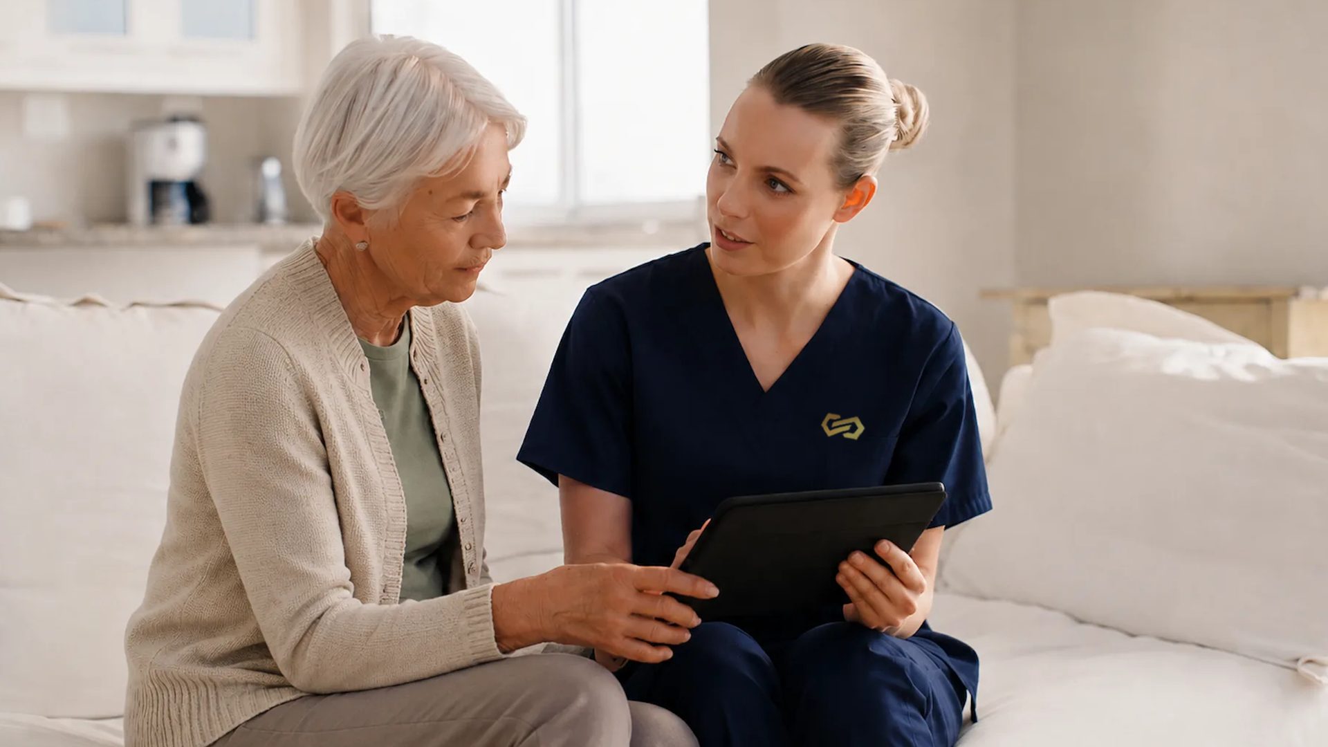 A nurse and an older woman look at a tablet together on the sofa
