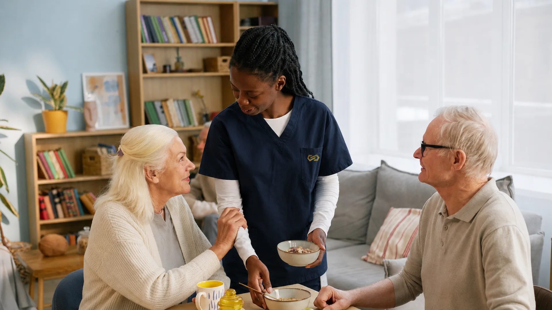 A nurse serves breakfast to two residents chatting together in the lounge