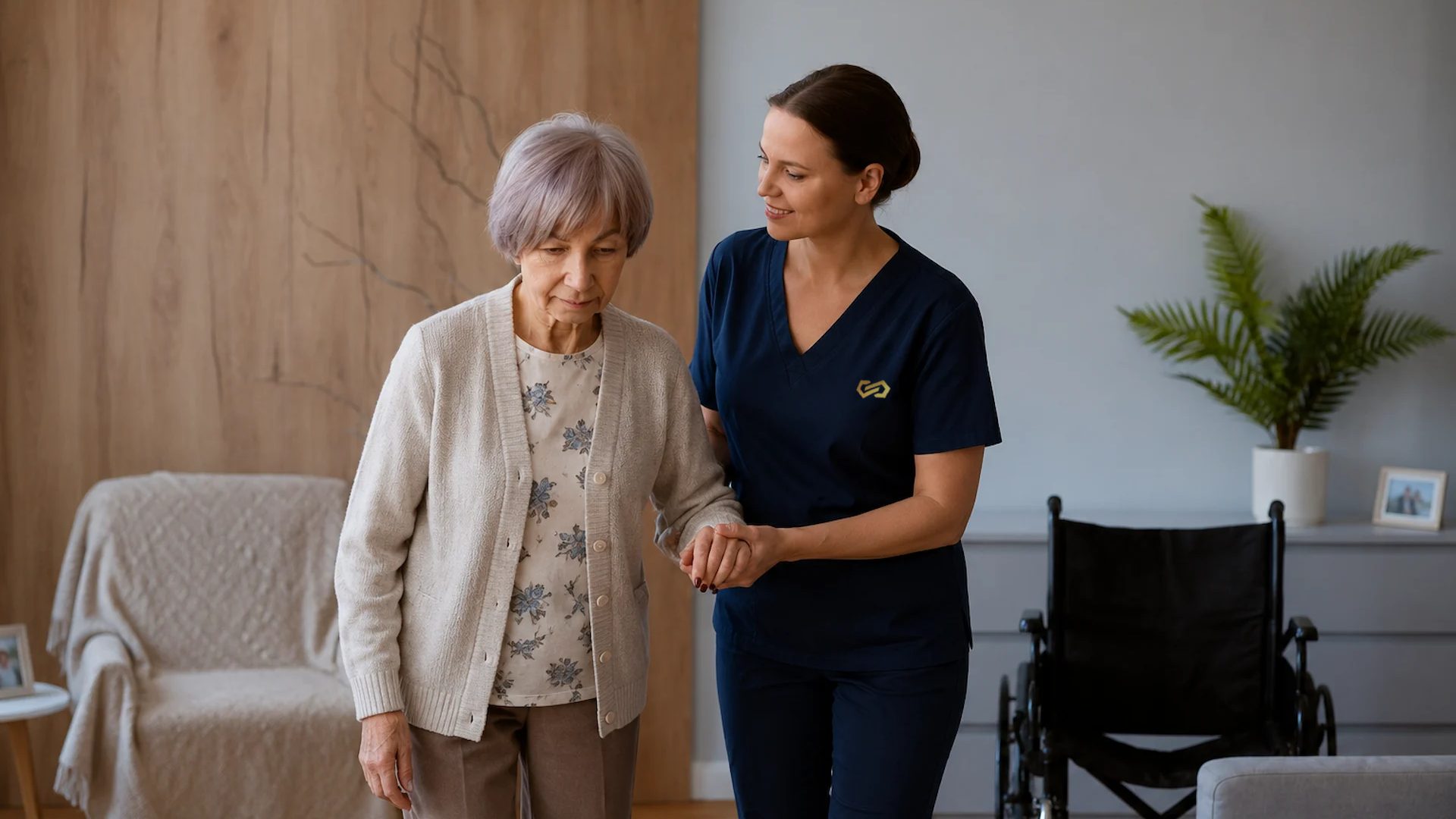 A nurse walks arm in arm with an older woman, a wheelchair standing nearby